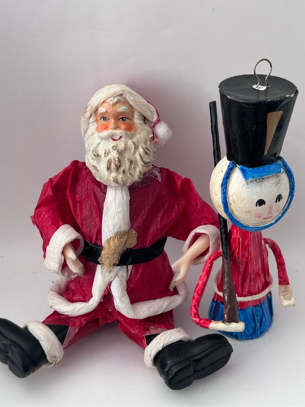 LOT-2 Vintage Artisan Paper Mache SOLDIER Santa Claus Christmas Figure ORNAMENT